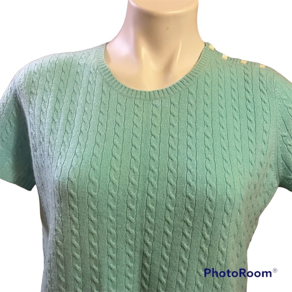 Geneva 100% cashmere  blue cableknit sweater button shoulder - Picture 2 of 9